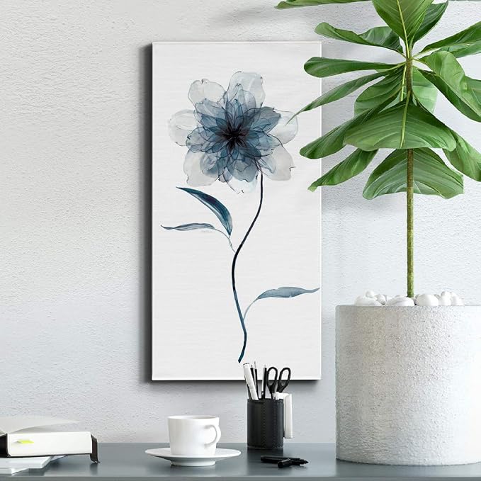 Renditions Gallery Canvas Floral Wall Art Paintings & Prints Delicate Indigo Flower Modern Nature Wall Hanging Canvas Artwork Decorations for Bedroom Office Kitchen - 8"x16" LT43