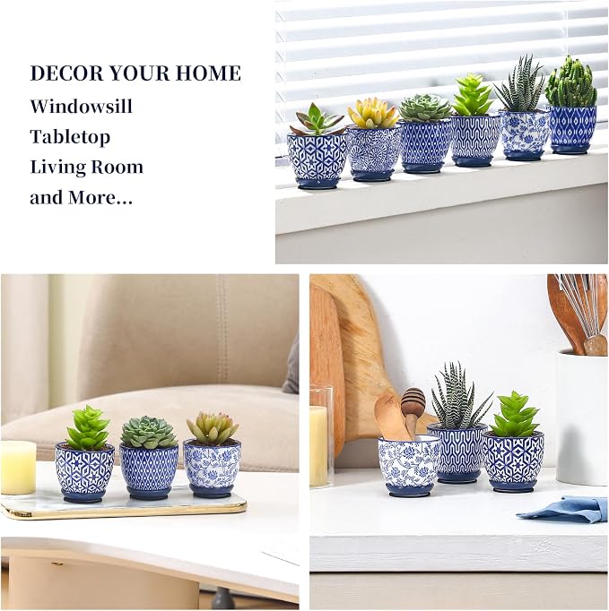 Selamica Ceramic 2.4 Inch Succulent Pots, Mini Succulent Planter Pot for Cactus Plant with Drainage Holes & Saucers, Home Decor, Set of 6, Vintage Blue