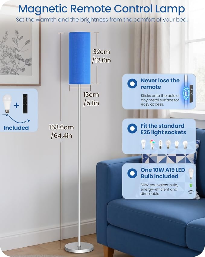 Dimmable Floor Lamps for Living Room with Remote and Foot Switch, 64.4” Modern Standing Tall Lamp, Corner Lamp for Bedroom, Office, Bulb Included, 3000K-6500K, Blue and Silver, FCC Listed SU06LD05W1