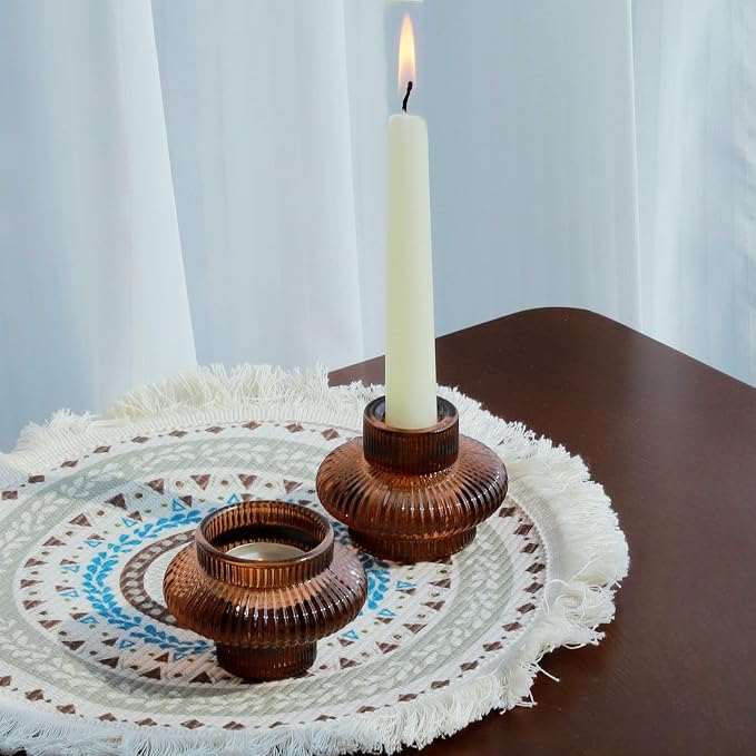 VOHO 6pcs Brown Candlestick Holders, Fall Amber Candle Sticks Holder Decor