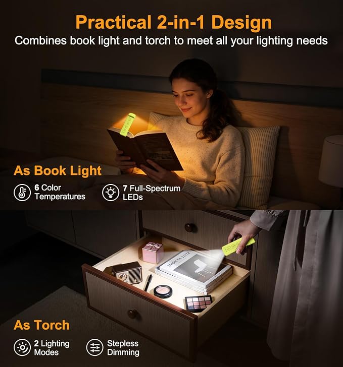 Gritin 2026 Gen 2 Rechargeable Book Light,2-in-1 Reading Light & Flashlight