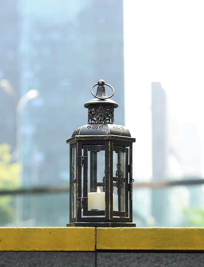 JHY DESIGN Decorative Lanterns-10inch High Vintage Style Hanging Lantern, Metal Candleholder for Indoor Outdoor, Events, Parities and Weddings(Black with Gold Brush)