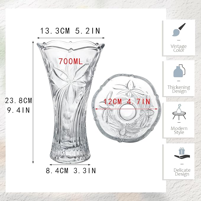 9 Inch Tall Crystal Vases for Flowers, 1 Piece Thickened Glass Vase | 2.3 lb Large Flower Vase for Tables Centerpieces Home Decor, Clear Vases for Wedding Reception, Housewarming Gift