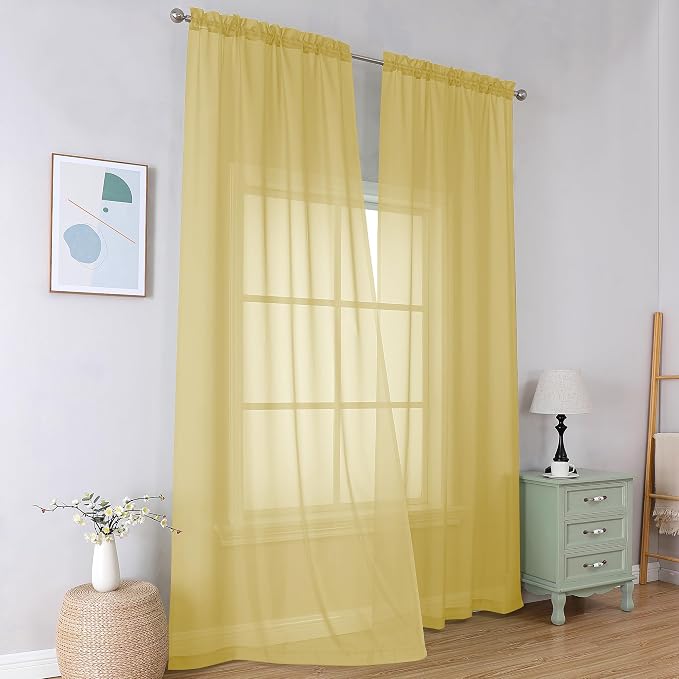 Simplebrand Yellow Sheer Curtains 96 Inches Long, Light Filtering Rod Pocket Solid Color Window Sheer Curtain Panels, Elegant Curtains & Drapes for Living Room, Bedroom 2 Panels, 42" W x 96" L