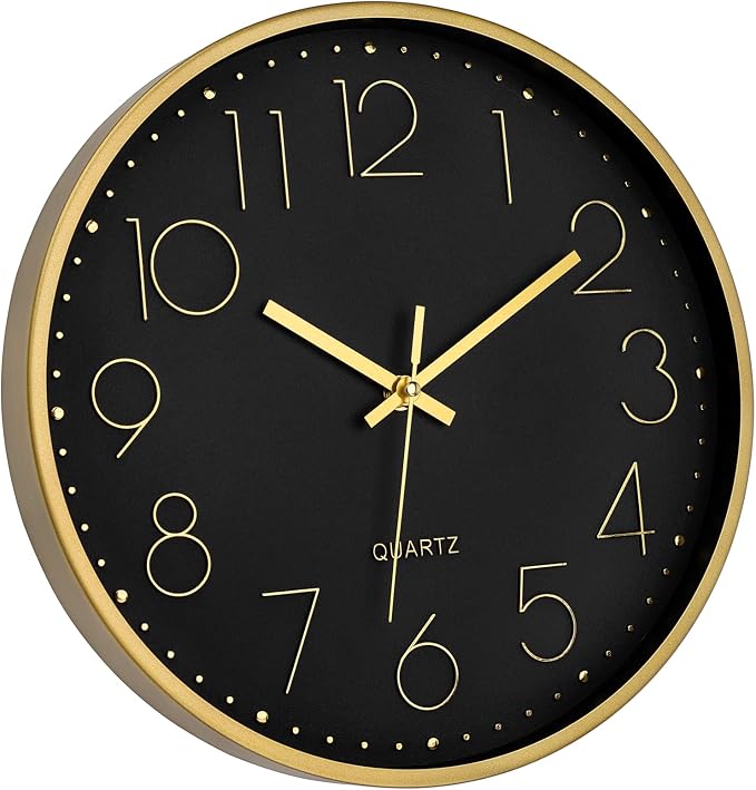 Foxtop 12" Black Gold Wall Clock Silent Battery Operated Modern Metal Clock | Non-Ticking, Round, Analog Clock, Quartz, Easy to Read, Living Room, Bedroom, Kitchen, Office