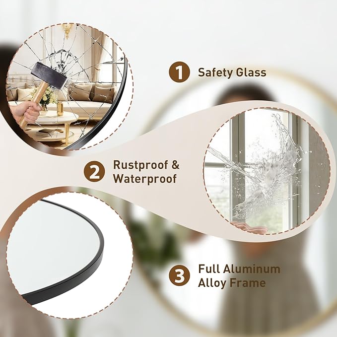 DUMOS 20 Inch Round Wall Mirror, Bathroom Mirror, Black | Metal Frame, Tempered Glass & Anti Rust Metal Frame, Decor for Bathroom Vanity Bedroom Entryway