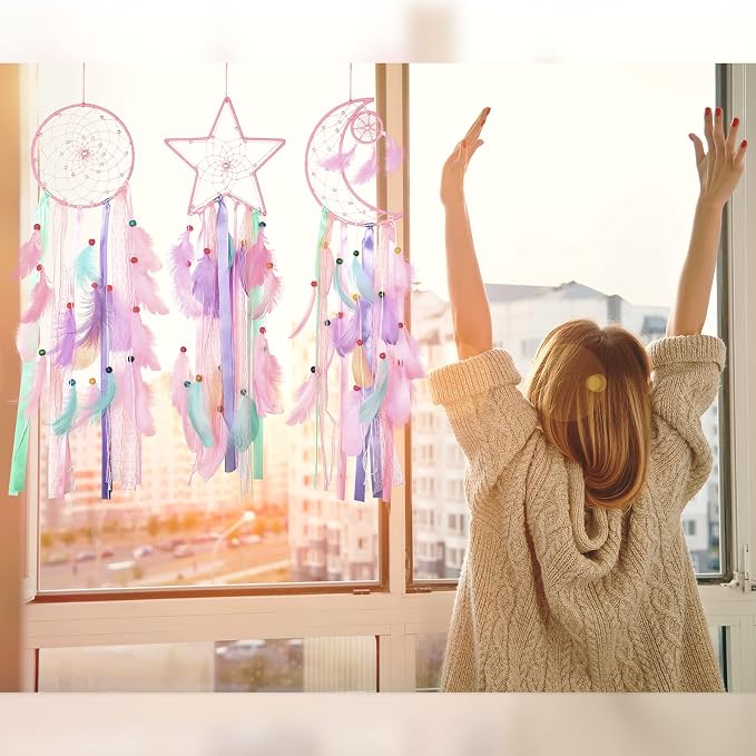 Jetec 3 Pcs Dream Catcher for Girl Star Sun Moon Decor, Pastel Color