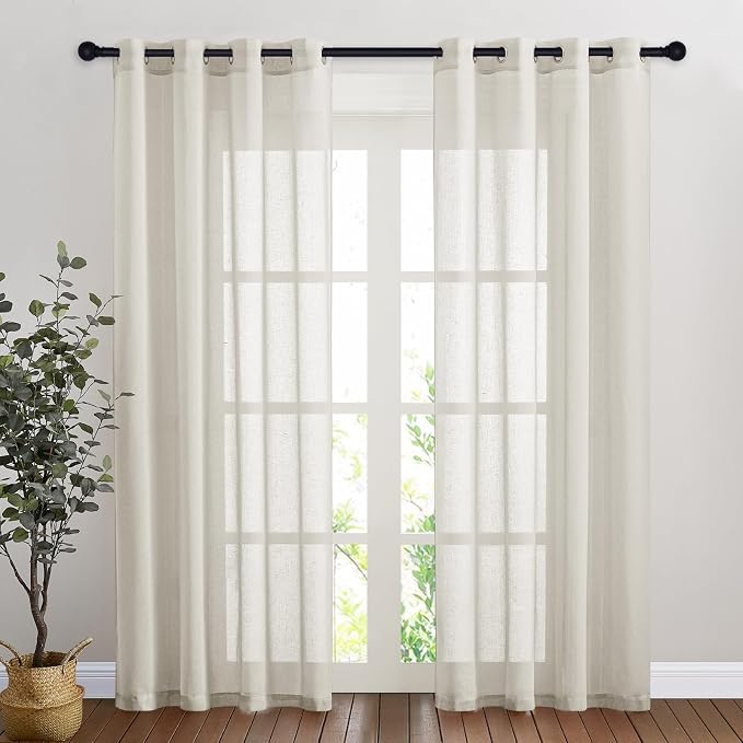 NICETOWN Natural Linen Curtains for Doorway 80 inch Length, Grommet Privacy Semi Sheer Linen Burlap Window Treatments with Light Filtering for Home Office/Living Room, W52 x L80, 2 Panels