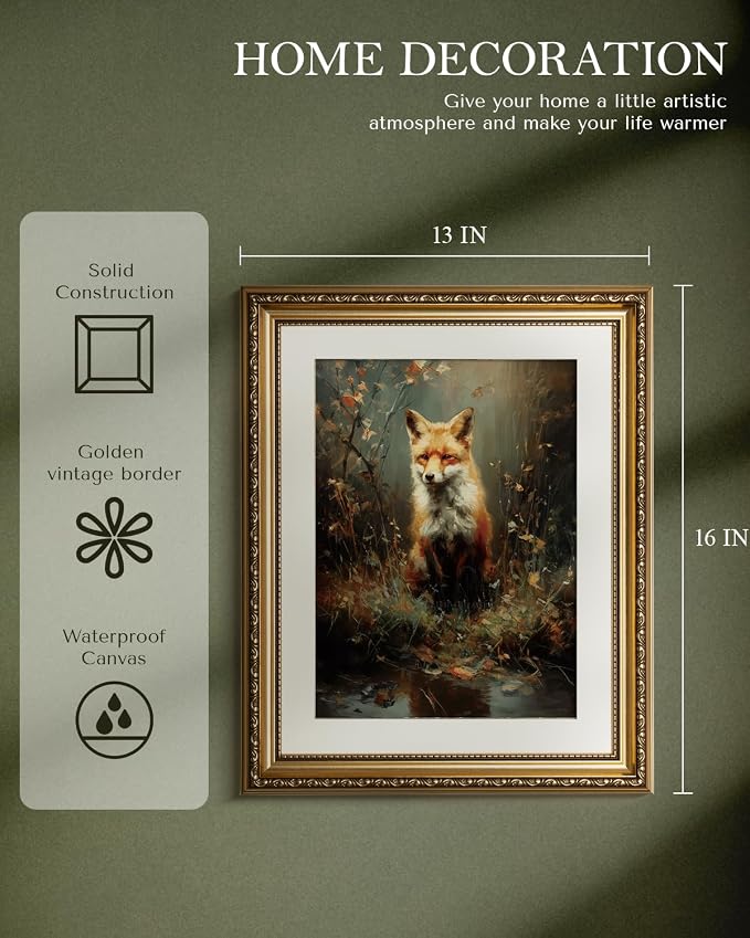 WHASAYART Vintage Gold Framed Wildlife Waterside Fox Canvas Wall Art | Elegant Animal Autumn Forest Tones Painting, Classic Nature Living Room Bedroom Wall Decor, 13x16" Waterproof Canvas Painting
