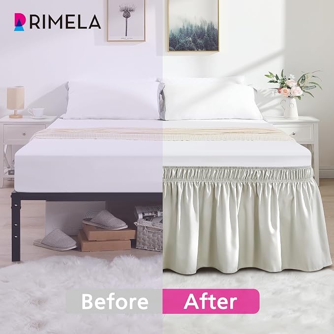 Light Grey Bed Skirt Queen Size 18" Drop, Elastic Wrap Around Bedskirt | Solid Ruffled, Easy to Use, No Mattress Lifting, Wrinkle & Fade Resistant, with Adhesive Strips, Machine Wash/Dry/Iron