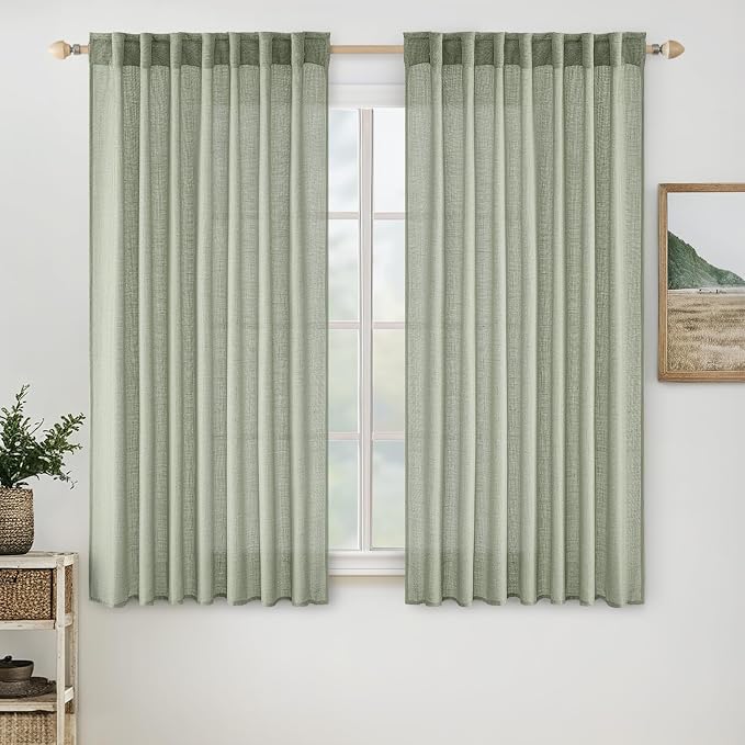 MIULEE Sage Linen Curtains 52x63 Inch Long 2 Panels of Green Window Drapes | Bedroom Living Room,Soft Thick Linen Textured Kitchen,Semi Sheer Light Filtering, Back Tab Rod Pocket, Burlap Look Decor