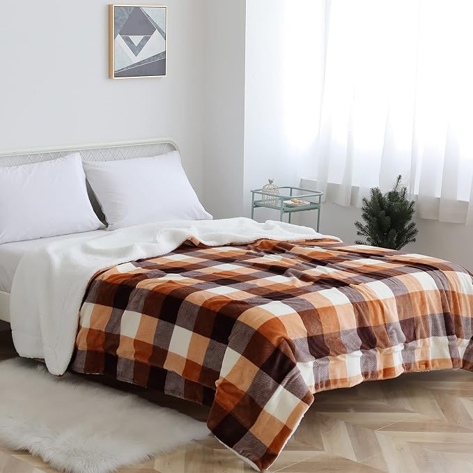 SOCHOW Buffalo Plaid Sherpa Fleece Throw Blanket, 50 x 60 inches, Orange | Fall Double-Sided Checkered Super Soft Luxurious Bedding Blanket