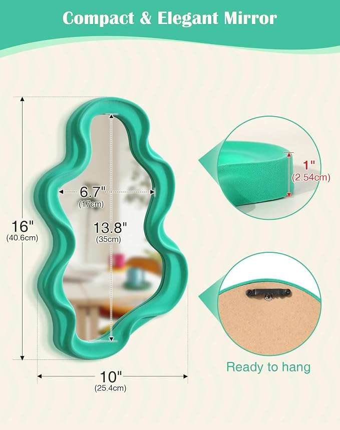 Funky Green Wall Mirror for Gallery Wall,Eclectic Quirky Home Decor | 16x10",Soft Velvet-like Touch,Wall-Mounted Cloud Mirror for Girl Teen Women Bedroom Decoration,Cute Accent for for Hallway