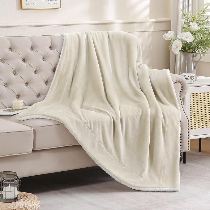 SOCHOW Sherpa Fleece Throw Blanket, Linen, 50x60 inches | Double-Sided Super Soft Luxurious Plush Blanket Throw Size