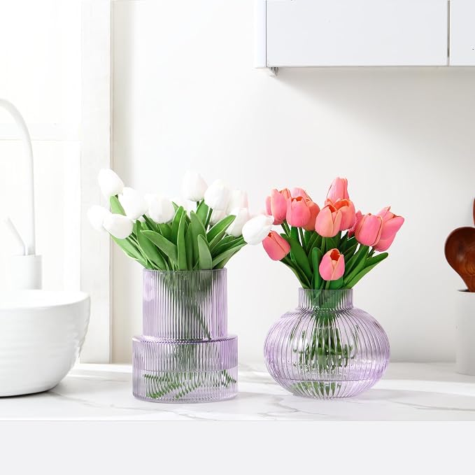 Ribbed Glass Vases, Set of 2 Fluted Vases for Flowers, Purple Glass Vase for Tulips, Modern Vase for Living Room, Kitchen, Office, Entryway, Mantle, Bookshelf, Wedding Gifts, Birthday