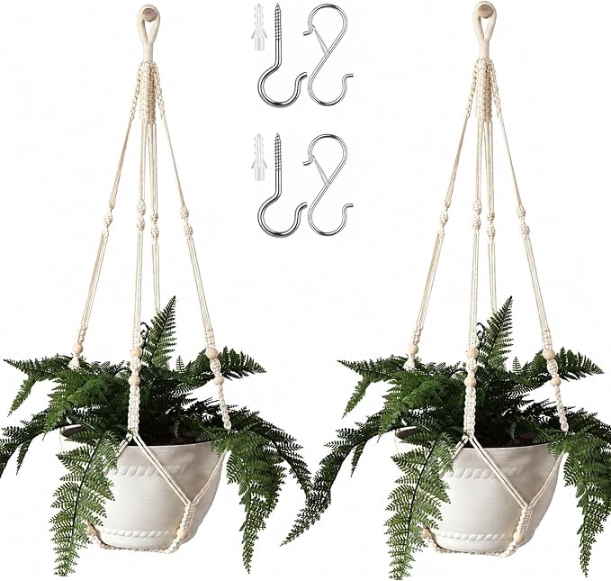 Bouqlife 43 Inches Macrame Plant Hanger Large for 14 inch Pot Extra Long No Tassel Cotton Rope Hanging Plant Holder with Ceiling Hooks Bohemian Home Décor Beige 2Pack
