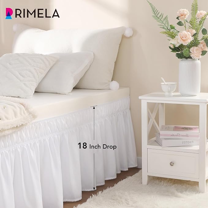 White Bed Skirt Twin Size 18 Inch Drop, Elastic Wrap Around Bedskirt | Solid ruffled, Wrap-around/elastic, Wrinkle & Fade resistant, with Adhesive Strips, Gift Packed, Machine Wash/Tumble Dry/Iron