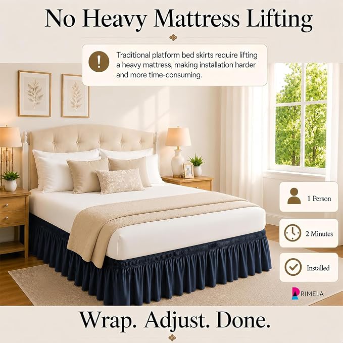 Navy Blue Bed Skirt Queen Size 15" Drop, Elastic Wrap Around Bedskirt | Solid Ruffled, Easy to Use, No Mattress Lifting, Wrinkle & Fade Resistant, with Adhesive Strips, Machine Wash/Dry/Iron