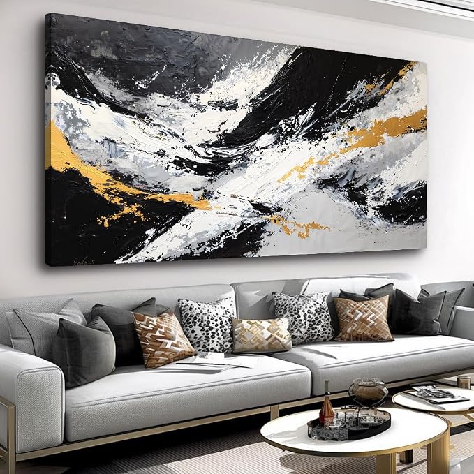 Large Abstract Black and Gold Ink Splatter Wall Art Stylish Framed Canvas Print for Living Room, Bedroom, Dining Room, and Home Office Modern Ready to Hang Home Decor - 24"x48"