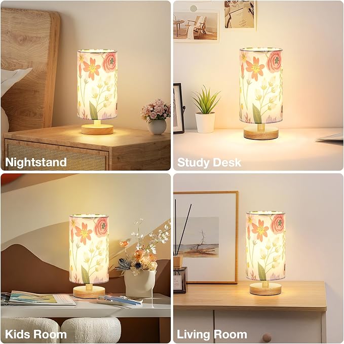 Fenmzee Small Table Lamps (Floral White Shade, 9" Inline Control)