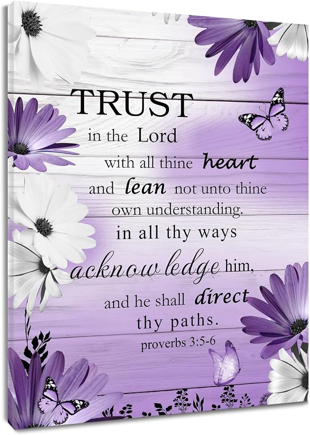 LB Rustic Purple Floral Wall Art for Bathroom Bible Verse on Vintage Grey Wood Canvas Wall Art Wall Paintings Home Decor Daisy Wall Pictures for Living Room Bedroom Office Ready To Hang,12x12 Inch