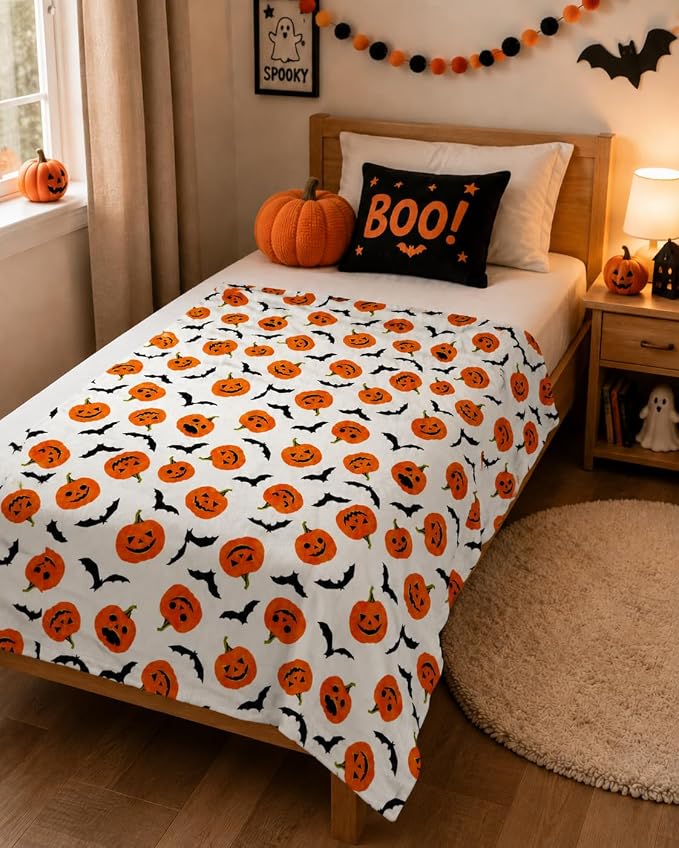 Serafina Home Halloween Fleece Throw Blanket: Happy Jack O'Lantern Pumpkins and Black Bat Design on Soft Velvety Blanket for Sofa Bed Couch Chair Dorm, 50" x 60"