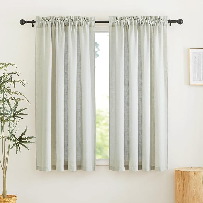 RYB HOME Semi Sheer Curtains for Closet Kitchen, Semi Translucent Privacy Protection Light Filtering Decorative Short Small Window Drapes for Bedroom, W 52 x L 45 inches, Sage Green, 2 Panels