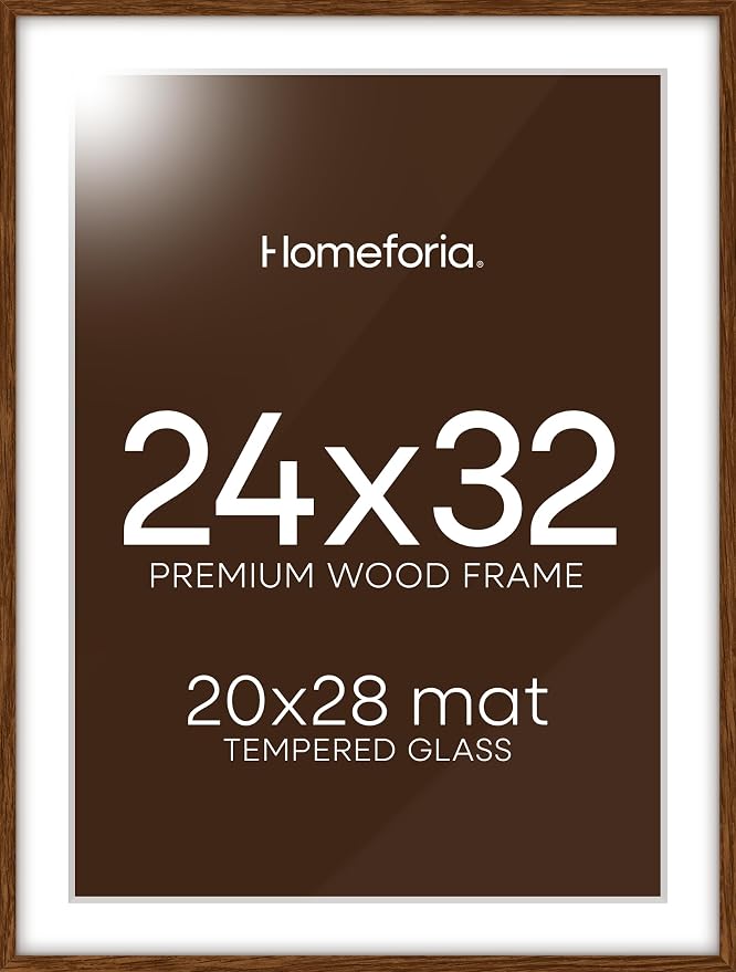 Homeforia 24x32 Brown Oak Poster Frame, High-End Wood, 20x28 Mat, Glass