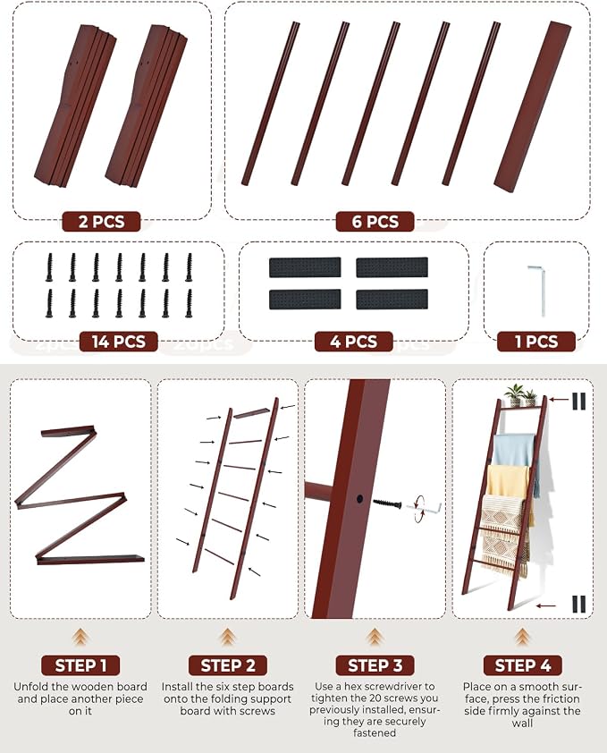 6-Tier Blanket Ladder Wooden, Blanket Quilt Towel Holder Rack Ladder, Brown | Wall Leaning Solid Wood Quilt Rack, Scratch & Slip Resistant, Living Room Bedroom Bathroom, Quick Setup, Brown