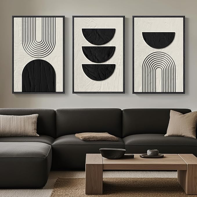 Large Framed Boho Neutral Abstract Wall Art, 3 Piece Canvas Prints 24x36 In | Black and Beige Geometric Pictures, Farmhouse Paintings, Vintage Artwork, Wood Frames, Living Room Office Bedroom Wall Decor