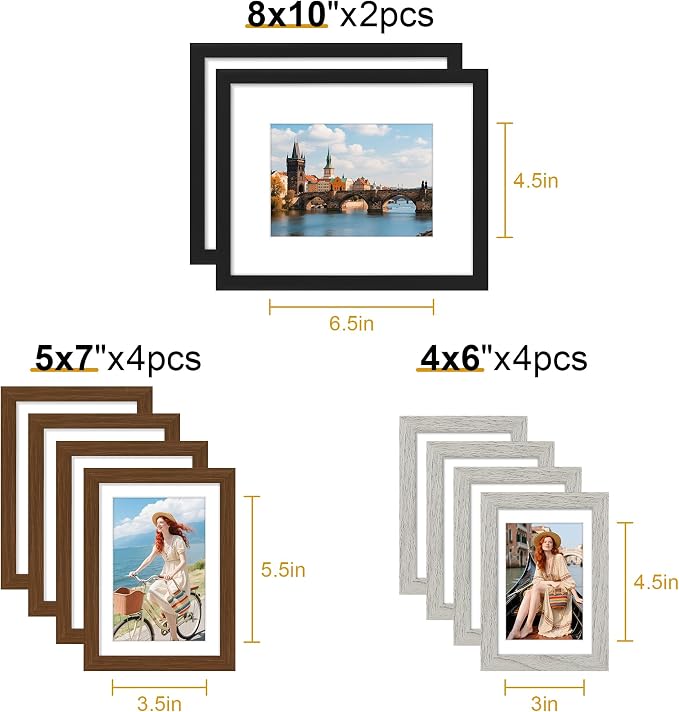 decorUhome 10 Pack Assorted Picture Frame Set for Wall & Tabletop, P0710MT | Black / Brown / Grey, Multi Size Picture Frame Includes Two 8x10 / Four 5x7 / Four 4x6 for Family Gallery Wall