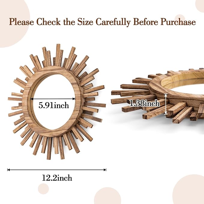 12 Inch Boho Sunburst Mirror, Round Wooden Wall Decor Starburst Sun Mirror for Bedroom, Living Room, Bathroom, Hallway, Balcony, Farmhouse Entryway, Housewarming Gift（Rustic Brown