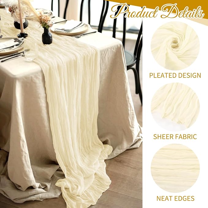 10 Pack Ivory Cheesecloth Table Runner 17x108 Inch Boho Gauze Cheese Cloth Table Runners for Wedding Party Baby Shower Birthday Home Decor
