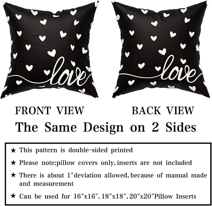 Giwawa Valentines Day Pillow Covers Set of 2 Black Love Hearts Throw Pillowcases Romantic Decorative Double Sided Cotton Square Cushion Covers 18x18inch for Sofa Couch Bedding Wedding Anniversary