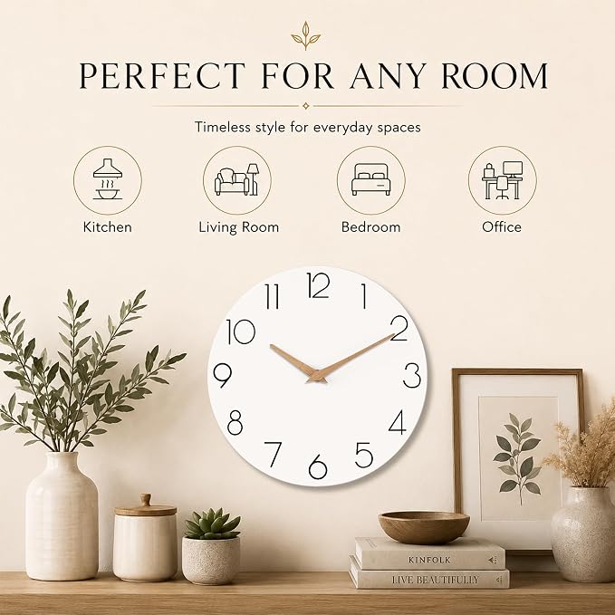 cicininc 10 Inch Battery Operated Wall Clock, Silent Analog, White | Living Room | Kitchen | Office | Bathroom | Modern Style | Easy-to-read Numbers