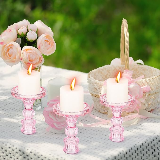 24 Pcs Glass Candle Holder Set 12 Candlestick White Candles,Pink | Clear Glass Holders with Taper Candles for Wedding Party Dinner Table Centerpiece, Elegant Classic Design Event Decor