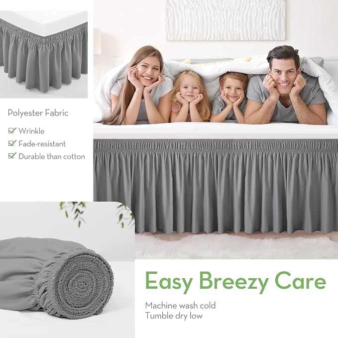 Grey Bed Skirt Queen Size 21 Inch Drop, Elastic Wrap Around Bedskirt | Solid ruffled, Wrap-around/elastic, Wrinkle & Fade resistant, with Adhesive Strips, Gift Packed, Machine Wash/Tumble Dry/Iron
