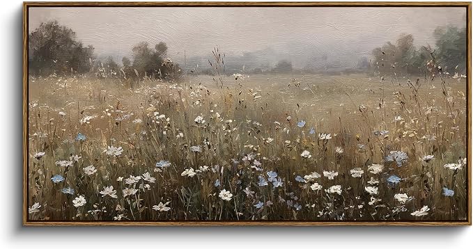 InSimSea Extra Large Framed Vintage Wall Art,Retro Wildflower Field,20x40In | Living Room Country Farmhouse Decor, Spring Landscape Canvas Prints, Scenery Long Pictures for Bedroom Above of Bed