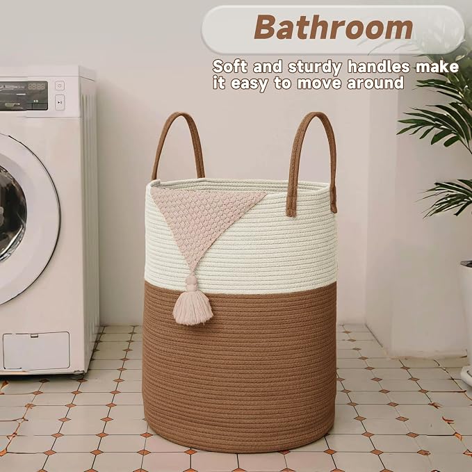 JMvicyroam 100L Cotton Rope Laundry Basket Hamper, White and Brown | Collapsible laundry basket, reinforced handles, freestanding, machine washable, holds 3-5 thick blankets, clothes or toys