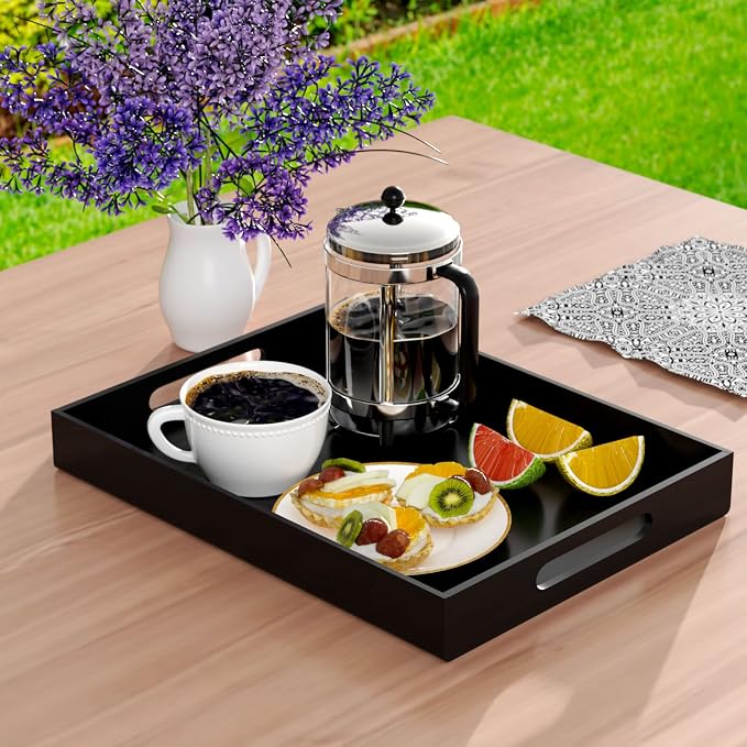 NIUBEE Black Serving Tray 12x16 Inches - Spill-Proof Acrylic Organizer with Handles for Coffee Table, Ottoman & Countertop | Decorative Tray for Breakfast in Bed, Drink Serving & Home Organization
