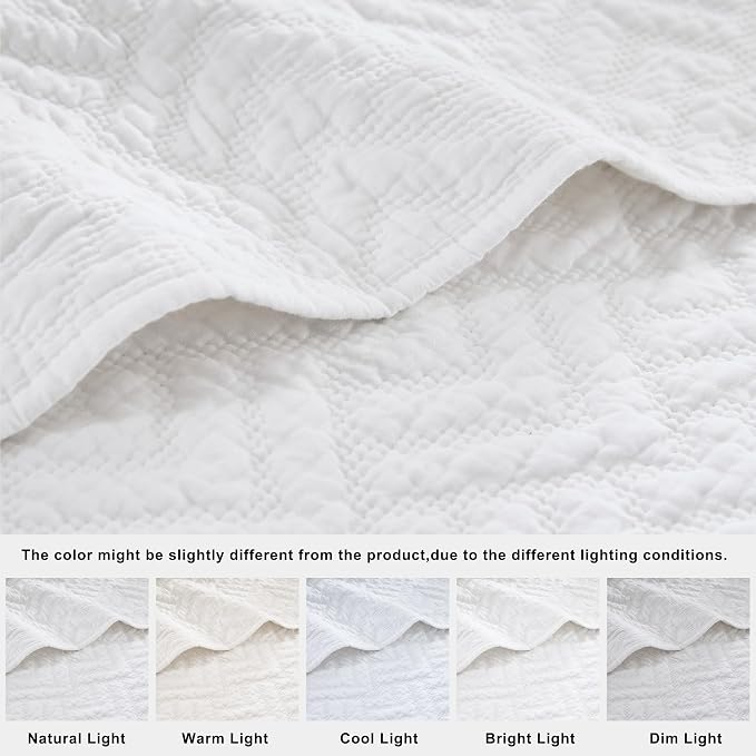 palassio White 100% Cotton Quilt Twin Size Bedding Sets with 1 Pillow Sham, Lightweight Textured Farmhouse Country Bedspread Soft Shabby Chic Patterned Coverlet for All Season, 2 Pieces