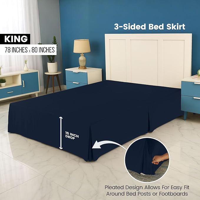 King Bed Skirt, Hides Under-Bed Storage 16 Inch Drop, Pleated, Navy | Easy Fit Design, Shrinkage & Fade Resistant, Hotel Style, Microfiber Durable Fabric, Machine Washable