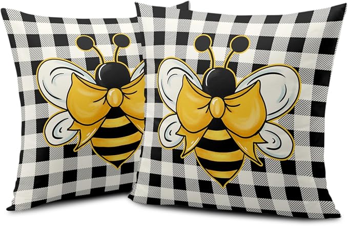 Honeybee Decorations Pillow Covers Black and White Buffalo Plaid Couch Cover 20 x 20 Spring Summer Throw Pillows Case Set of 2 Bees Home Decor for Indoor Living Room Bed