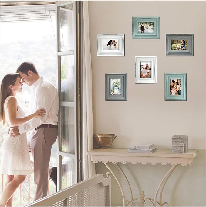 EXQUIDECA Chic Vintage 3.5x5 Inches Wooden Picture Frame Pack of 3 Farmhouse Aqua Grey White - Rustic Thick Wood High Definition Glass Photo Frame Outside 6.1x7.7 Inches