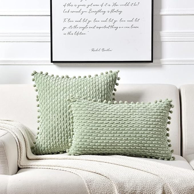 Fancy Homi Set of 2 Sage Green Lumbar Decorative Throw Pillow Covers 12x20 Inch with Pom-poms for Couch Bed Sofa, Modern Farmhouse Boho Home Decor, Soft Plush Corduroy Rectangle Cushion Case 30x50 cm