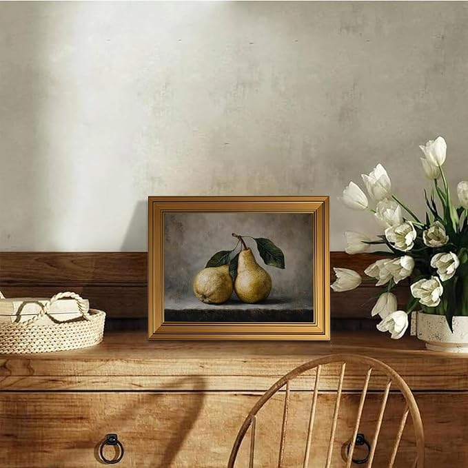 Vintage Gold Framed 3D Textured Wall Art Rustic Pear Still Life Wall Decor Picture Country Farmhouse Kitchen Antique Fruit Poster Cottagecore Aesthetic Print for Gallery Home Decoration 12x16in