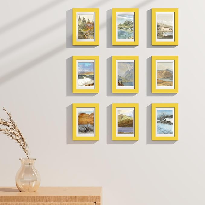 Vittanly 4x6 Picture Frames Set of 9 for Wall or Tabletop Display, Yellow | Display Pictures 3.5x5 with Mat or 4x6 without Mat, Small Photo Frames, Engineered Wood with Shatter Resistant Plexiglass