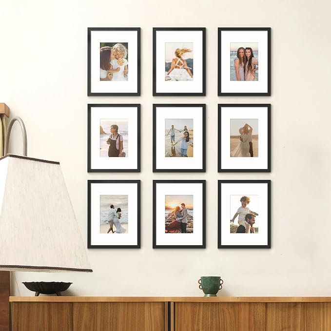 9x12 Picture Frame Sef of 10, for Wall Gallery Decor, Black | Display Pictures 6x8 with Mat or 9 x 12 Without Mat, Photo Frame Collage, Wall Mounted