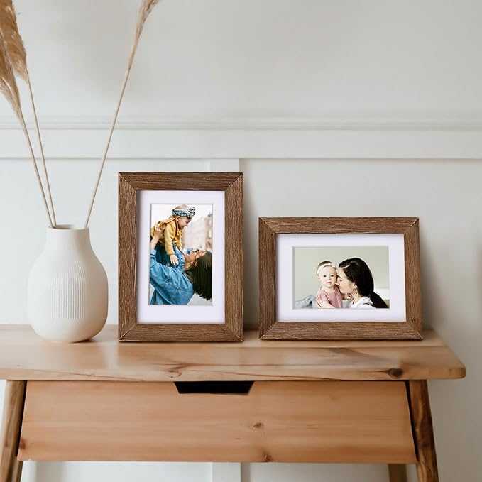Egofine 4x6 Picture Frames Set of 4, Made of Solid Wood Covered by Plexiglass 3x4.5 and 3.5x5 with Mat or 4x6 without Mat, for Table Top Display and Wall Mounting Photo Frame,Walnut Brown