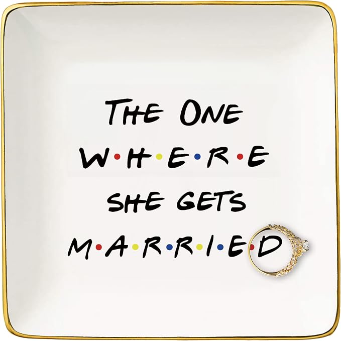 Topthink The One Where She Gets Married-Gift for Women-Engagement-Bride to Be-Newly Engaged-Bridal Shower Gift for Bride-Bachelorette Party Present-Ceramic Jewelry Holder Ring Dish Trinket Tray